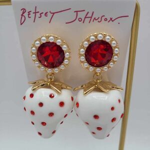Betsey Johnson White Red Enamel Strawberry Red Crystal Earrings NWT!